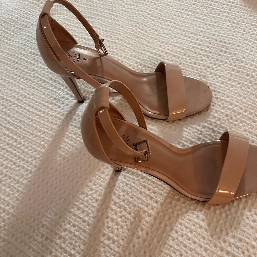 Call It Spring tan patent leather strappy heels